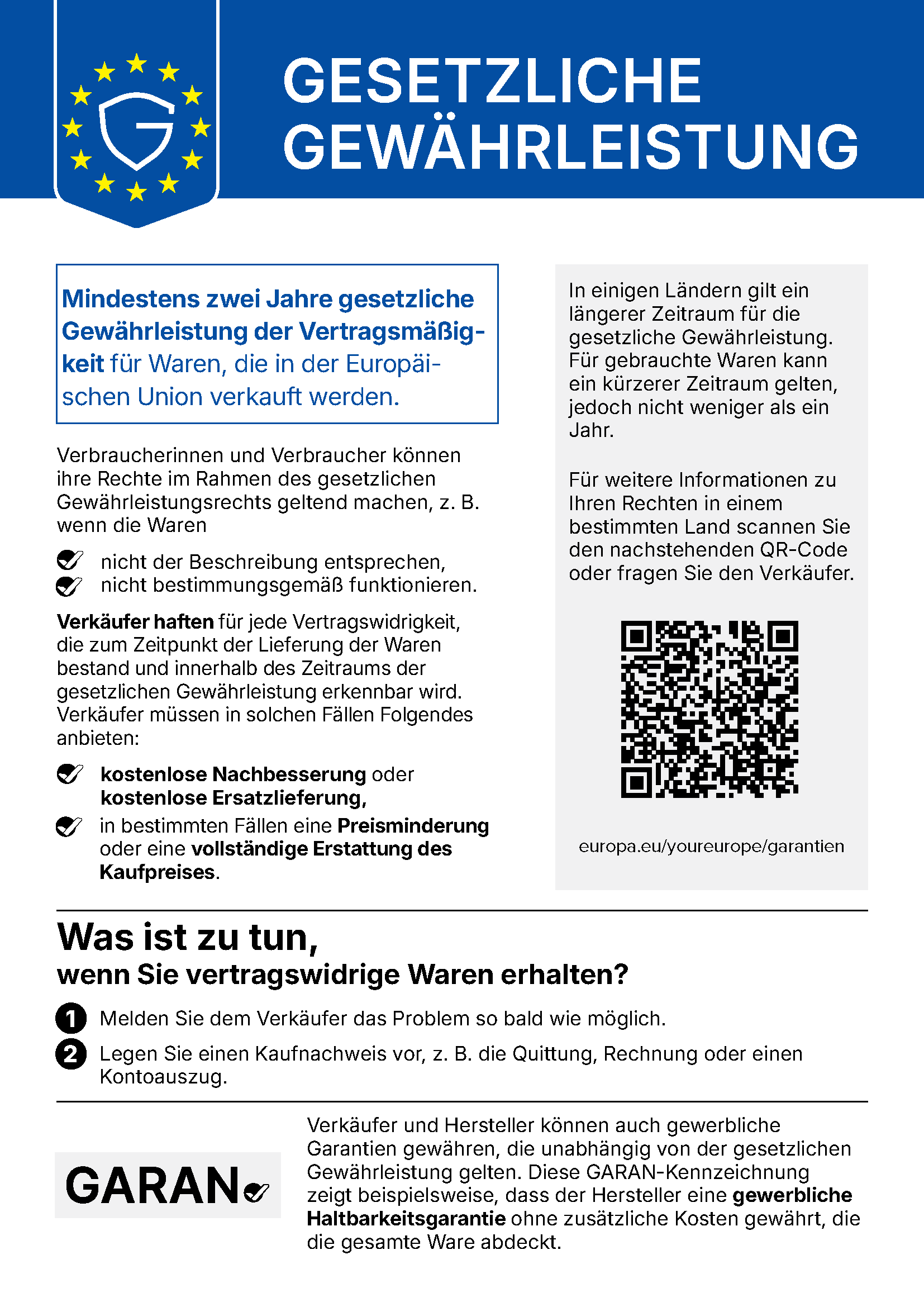 EU-Hinweis: Gesetzliche Gewährleistung – mindestens 2 Jahre